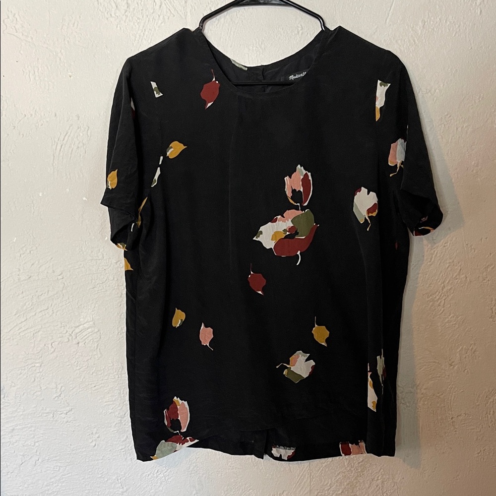 Madewell Silk Black Floral Short-Sleeve Blouse